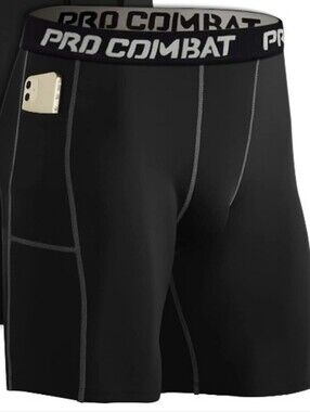 -- 3 PRO COMBAT Black Mens Compression Shorts with Side Pockets Size XL
